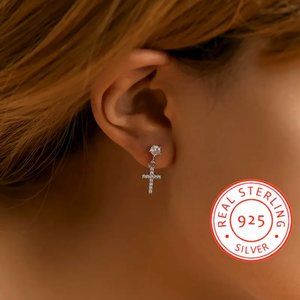 Exquisite Dangle Cross Design With Zircon Inlaid  • Sterling 925 Silver Earrings